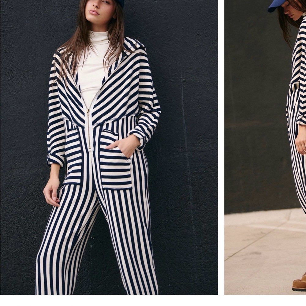 Free People Navy and White Striped Jumpsuit